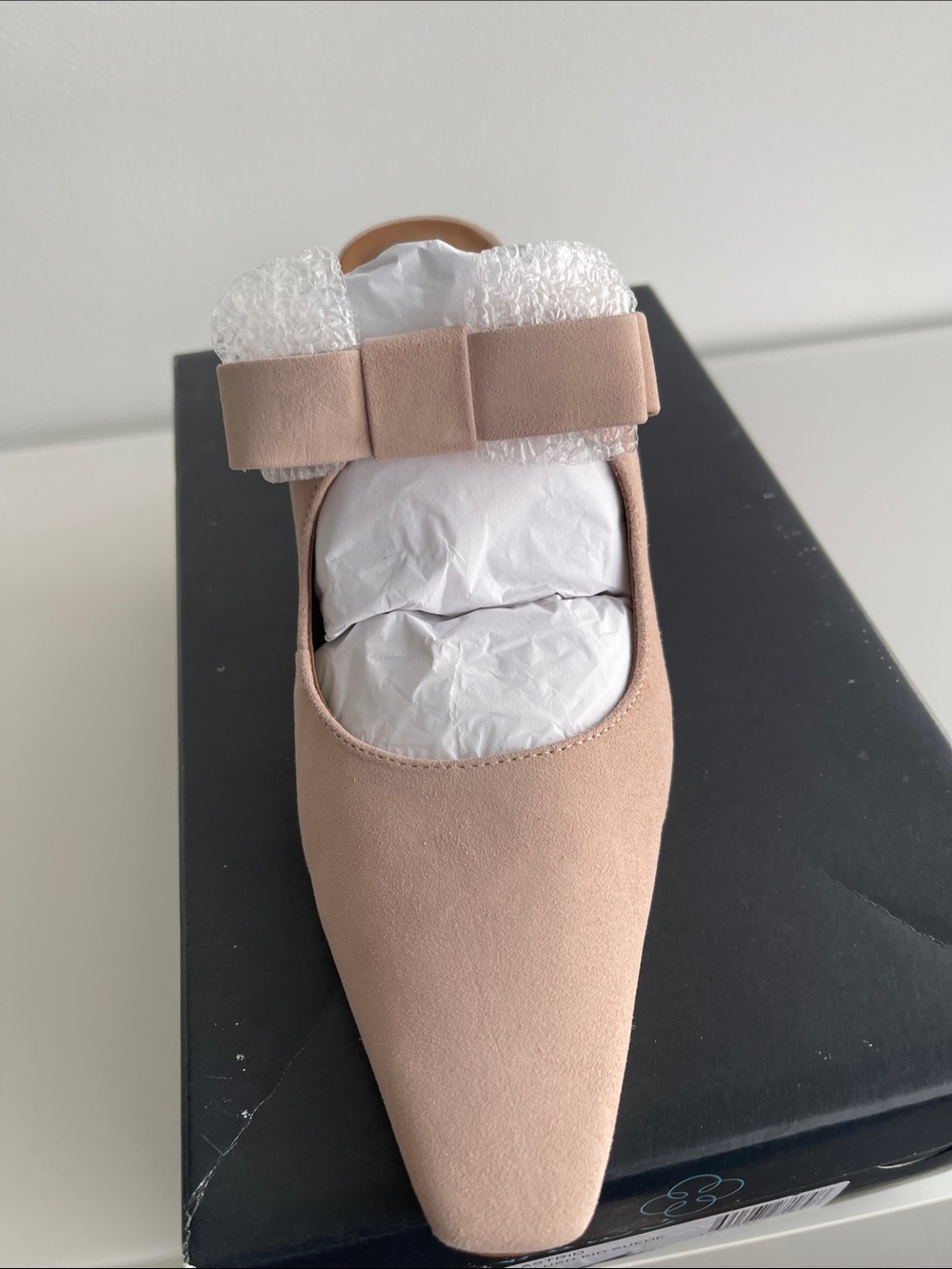Bernardo Blush Pink Suede Pointed Mule with Bow Strap